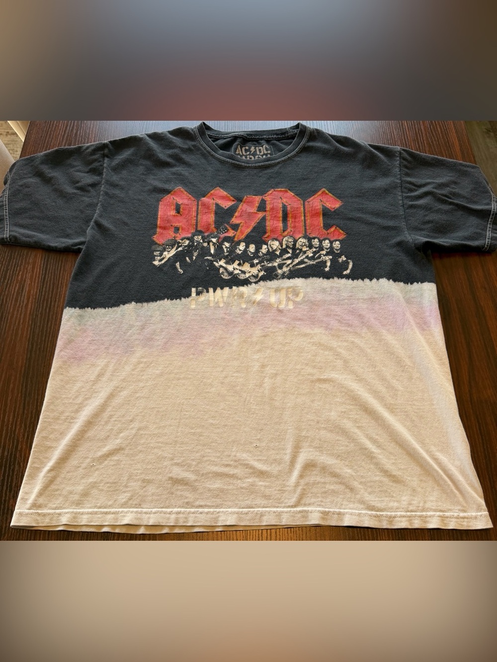 AC/DC PWR UP Bleach Dip Dye T Shirt Mens Medium Black Tan Band Graphic Tee 2020